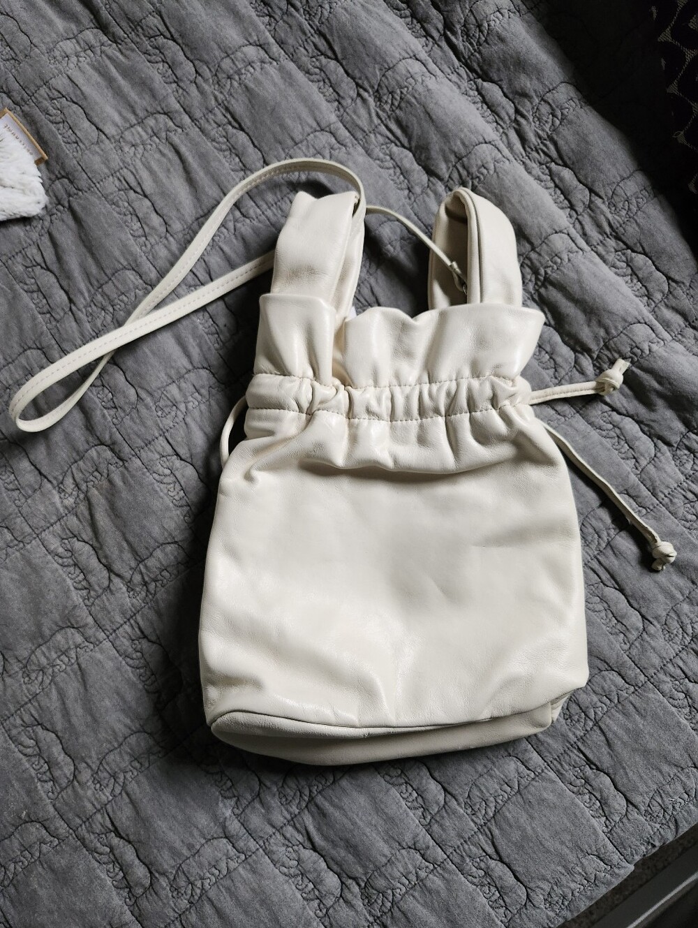 ZARA Leather (Ecru White) Drawstring Bucket Bag - Minimal Women's Shoulder Bag